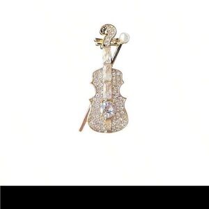Elegant Gold Violin Brooch with Crystals and Pearl nwt